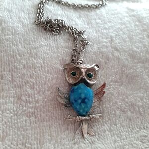 Owl Vintage Ceramic Blue Belly Necklace With Emerald Jewel Eyes Belly